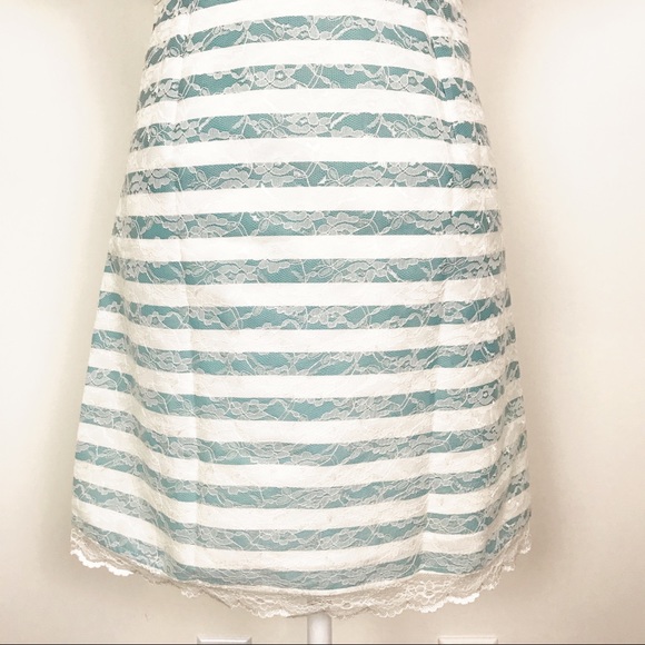 Esley Mint Green White Striped Lace Dress A Line French Buttons Scoop Neck - Picture 7 of 8